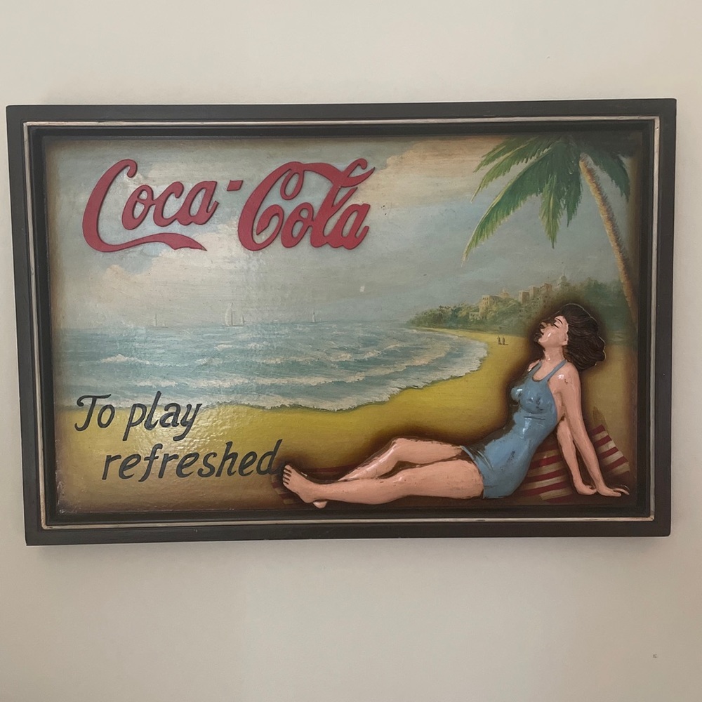 Coca-Cola vintage 3D painting with scenic beach landscape.